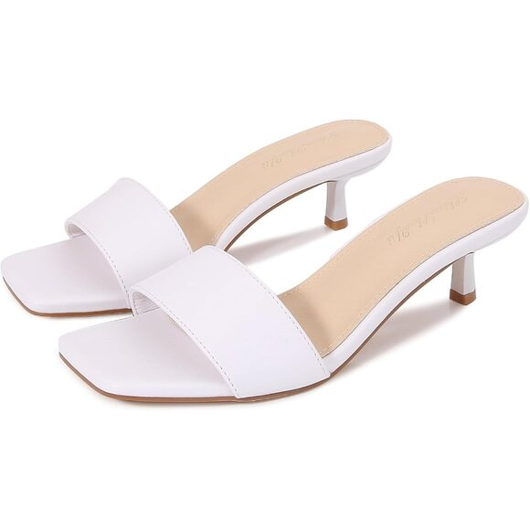 Women's White Kitten Heels Sandal Heeled Slides Square Open Toe One Band Slip On - Picture 6 of 9